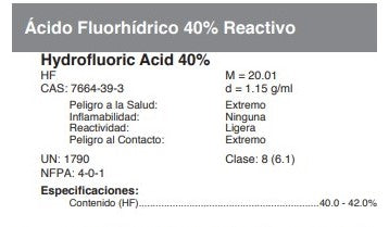 Ácido Fluorhídrico 40% Reactivo