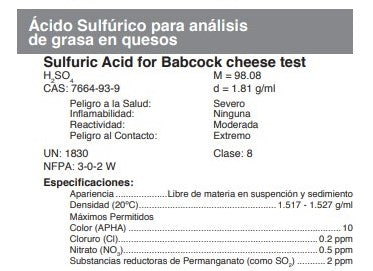 Ácido Sulfúrico para análisis de grasa en quesos