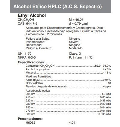 Alcohol Etílico HPLC (A.C.S. Espectro)