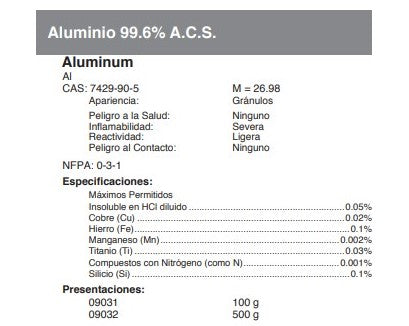 Aluminio 99.6% A.C.S.