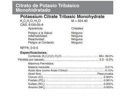 Citrato de Potasio Tribásico Monohidratado