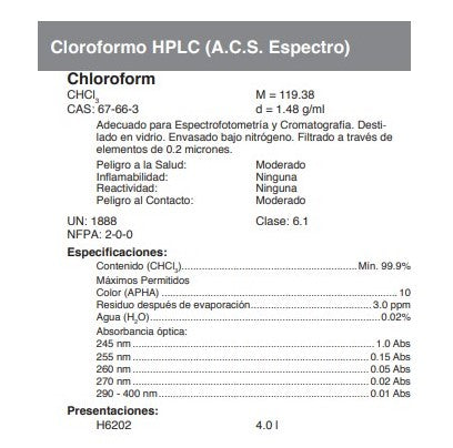 Cloroformo HPLC (A.C.S. Espectro)